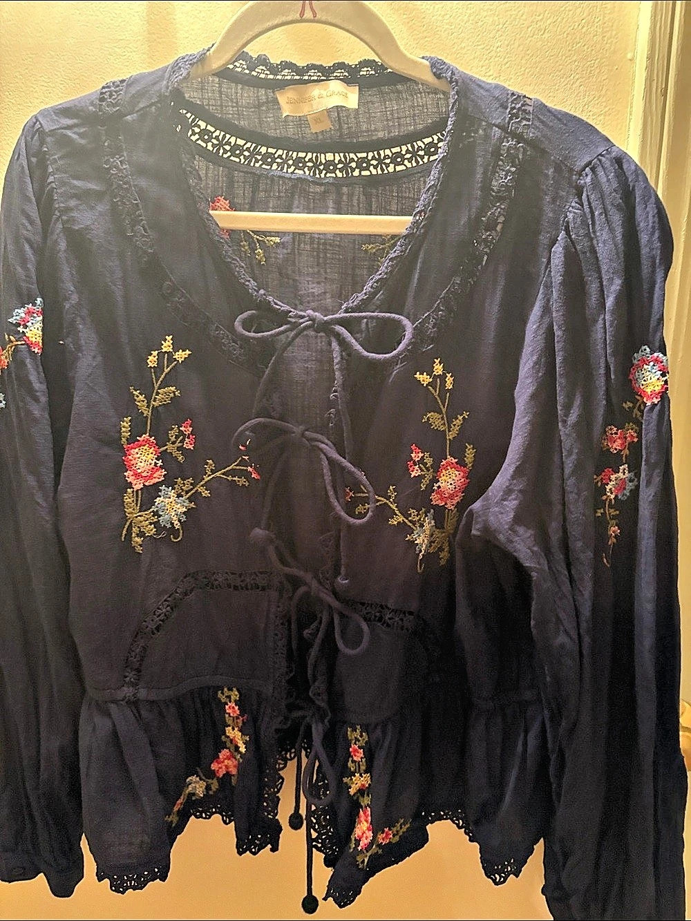 Jennifer & Grace Embroidered Floral Tie-Front Blouse Embroidered Tie-Front